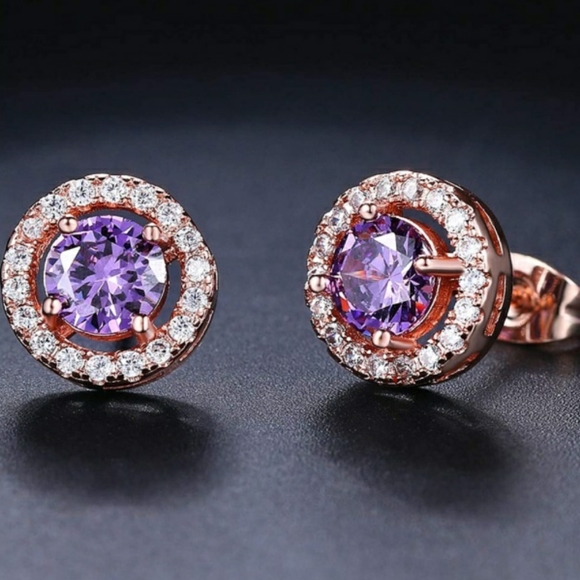 Jewelry - Round Halo CZ Purple Diamond Earrings